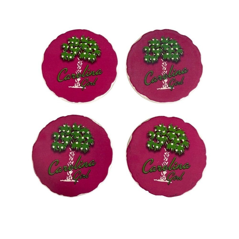 Carolina Girl Palmetto Tree Drink Coasters Set Of 4 Pink Southern Coastal Preppy